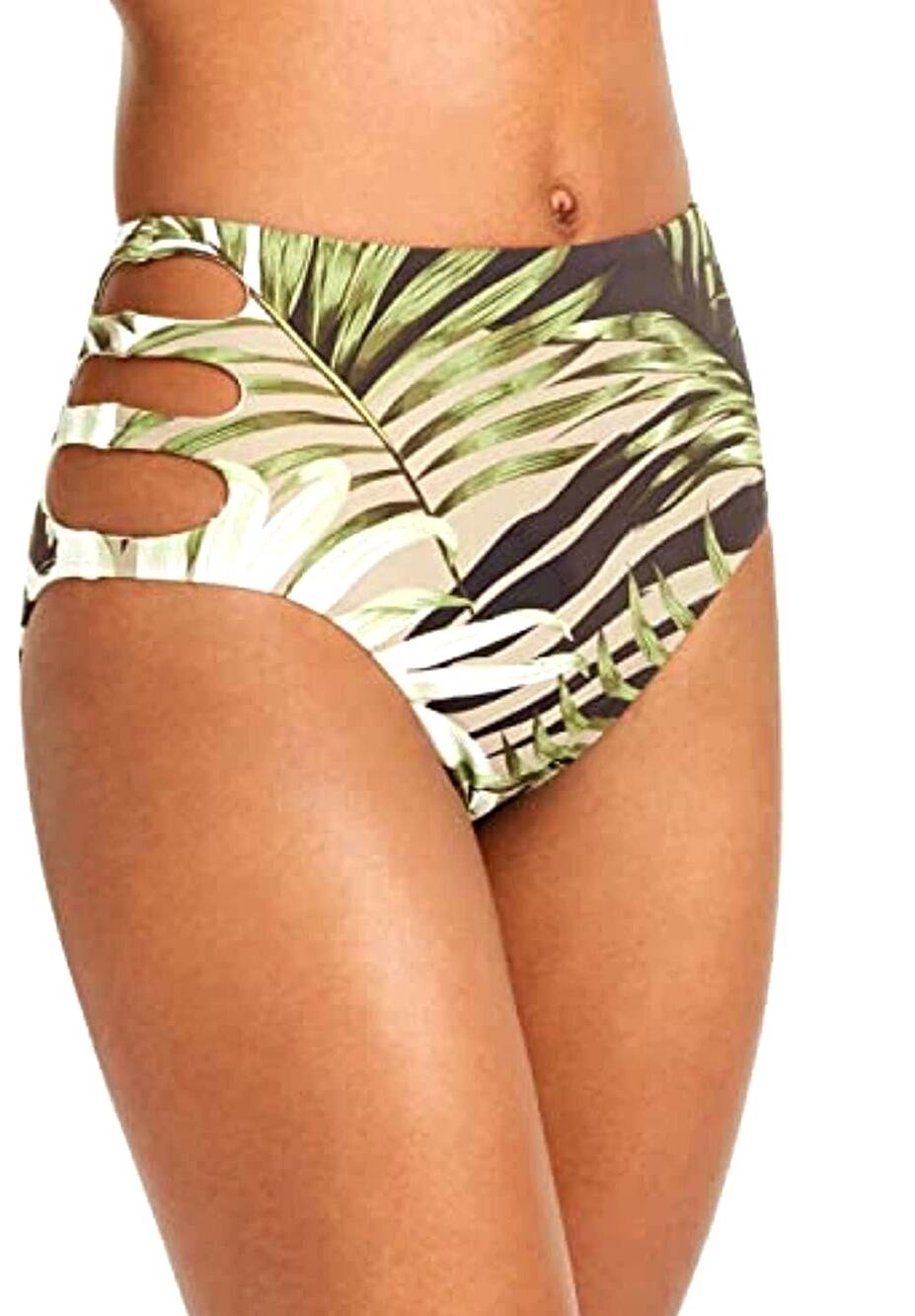 Bar III Bikini Bottom Large/L Green Jungle Moon Tropical Print Cutout High-Waist